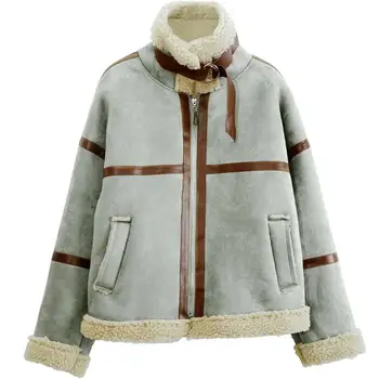 

Women's Fashion Winter Fur One Female Temperament High-end Fur Coat Lambs Wool Color Matching Motorcycle Jacket Bomber Jackets