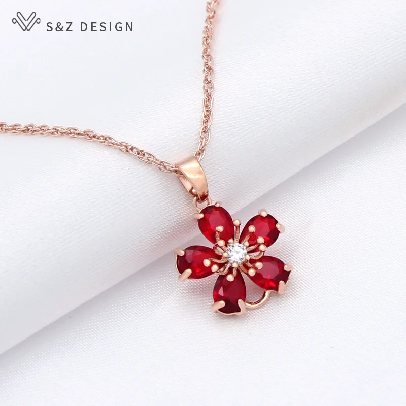 S&Z DESIGN New Fashion Cute Red Flowers Cubic Zirconia Dangle Earrings Jewelry Sets Pendant Necklace For Women Wedding Jewelry