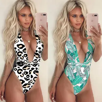 

2020 New Tropical Plant Print Leopard Print Sexy Strappy Deep V-neck Open Back Monokini Swimsuit