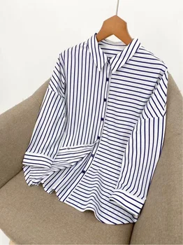 

Women Turn-down Collar Blouse Lady Stripes Long Sleeve Shirt Single-breasted Blouses And Tops