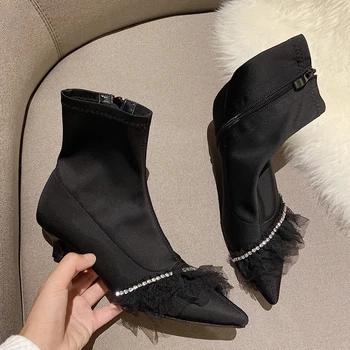 

Black High Heels Designer Womens Short Boots Ladies Low Heel Ankle Boots Fall Pointed Toe Boots Female Shoes Vrouwen Laarzen