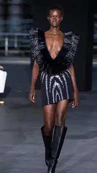 

High Quality Celebrity Black Deep V-neck Tassel Rayon Bandage Dress Cocktail Party Dress