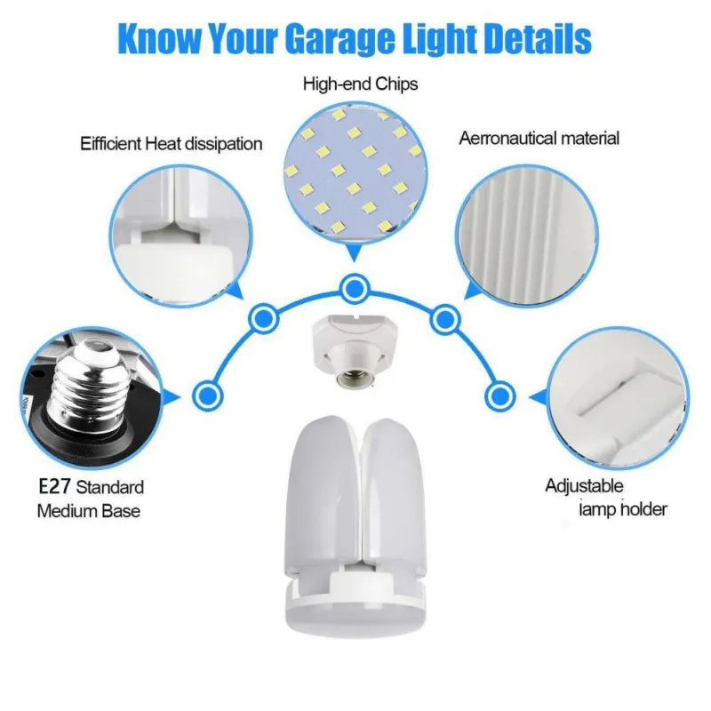 60W E27 LED Light Bulb with 246 Leds Fan Blades Folding Light LED Lamp for Outdoor Garage Shop Home Lamp