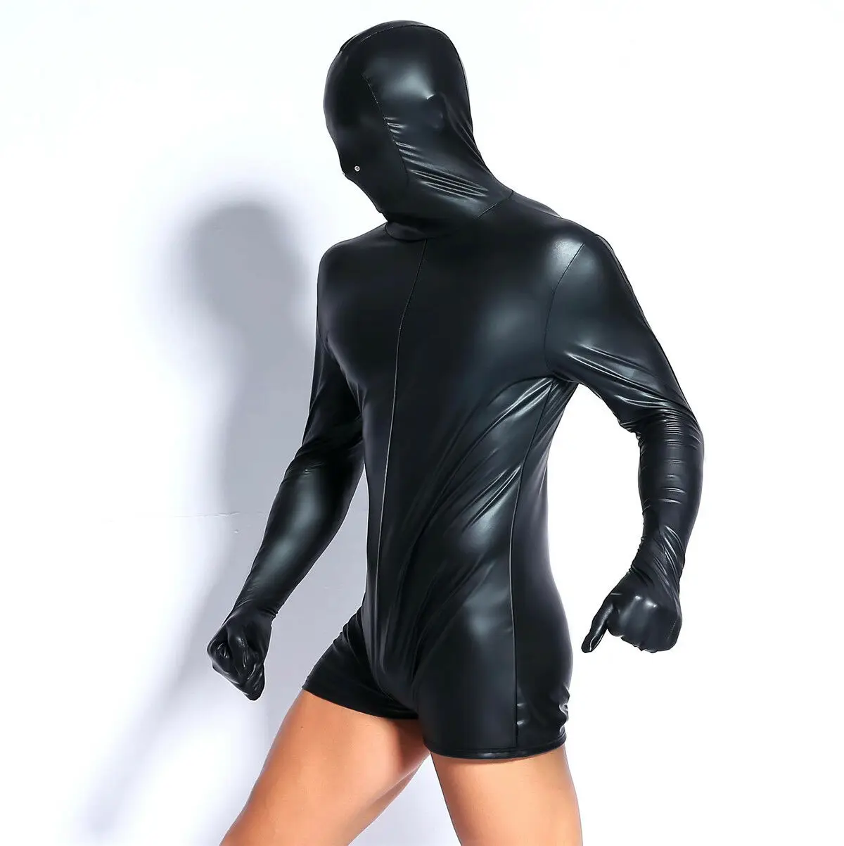 

Man Leather Hood Mask Blind Sensory Deprivation Lining Gag Jumpsuit Leotard Nightclub Costumes