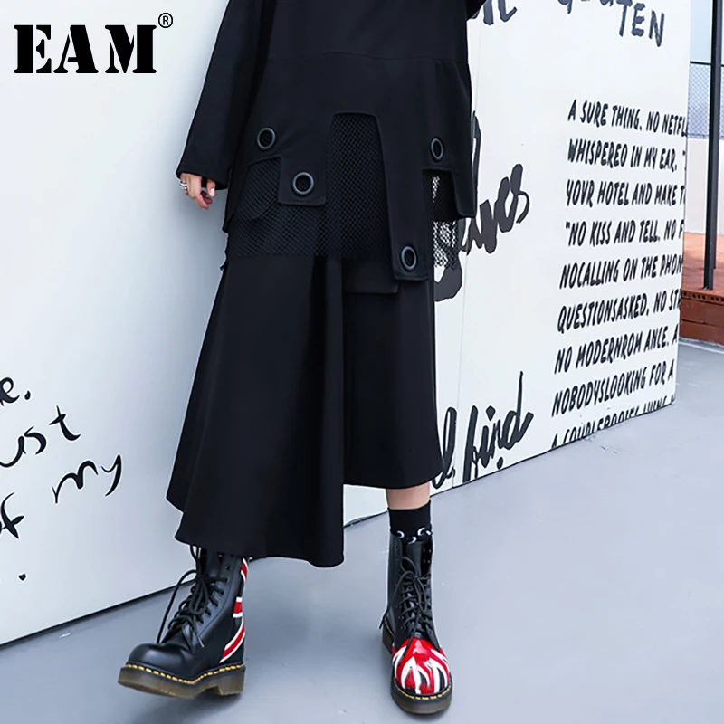 

[EAM] High Elastic Waist Black Pleated Asymmetrical Temperament Half-body Skirt Women Fashion Tide New Spring Autumn 2019 1D536