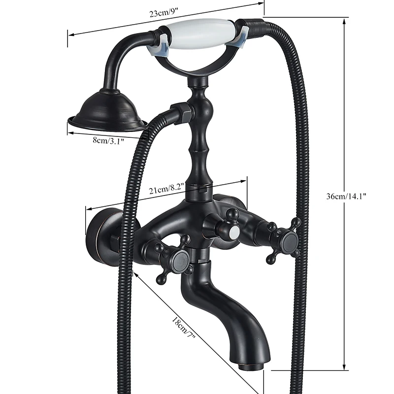 Rozin Retro Style Brass Bathtub Shower Faucet Set Dual Knobs Wall Mounted Bathtub Mixer with Handshower and Swivel Tub Spout Tap 6
