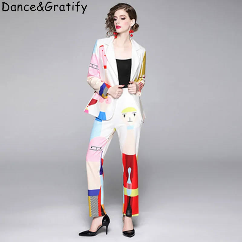 

Designer Printing Runway Suit 2019 Autumn New White Long Sleeve Cartoon Blazer Jacket + Elastic Waist Trousers Pant Women Set