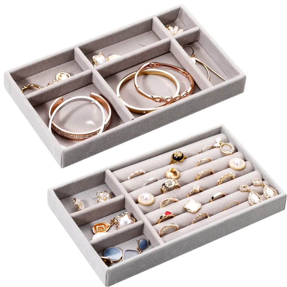 Jewelry Box Drawer Storage Organizer Portable Gray Soft Velvet Jewelry Earring Necklace Pendant Bracelet Display Tray Holder