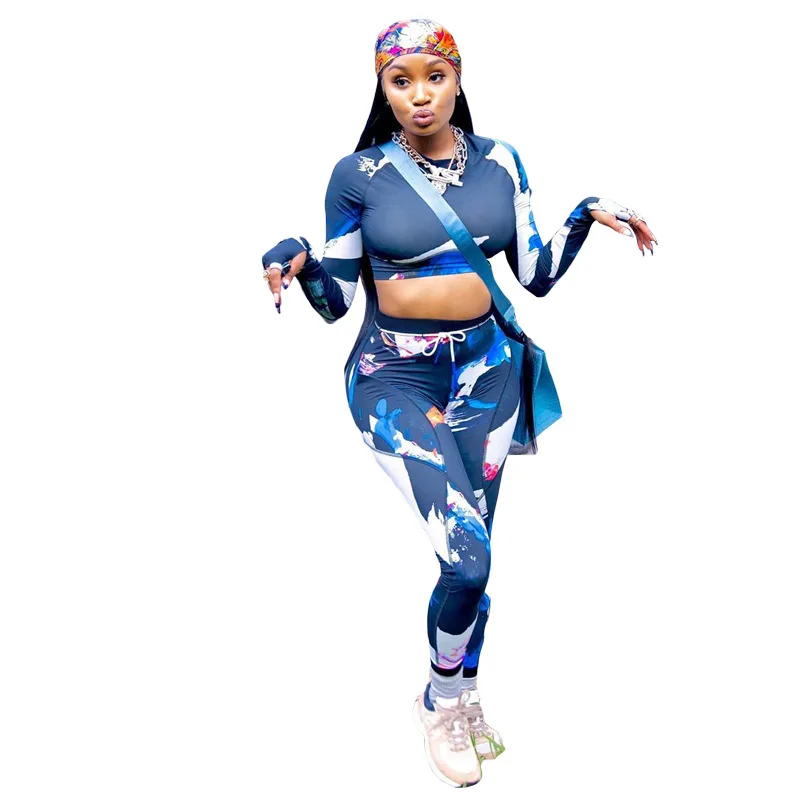 

2020 Summer Women Suit Hot Style Solid-color Patchwork Pattern Print Long Sleeves Crop Tops & Trousers 2 Piece Set