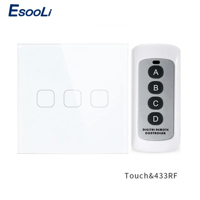 Esooli, стандарт ЕС, 2 комплекта, 1 способ, беспроводной пульт дистанционного управления, сенсорный выключатель, дистанционный настенный светильник, переключатель с кристальной стеклянной панелью - Цвет: 3 Gang White