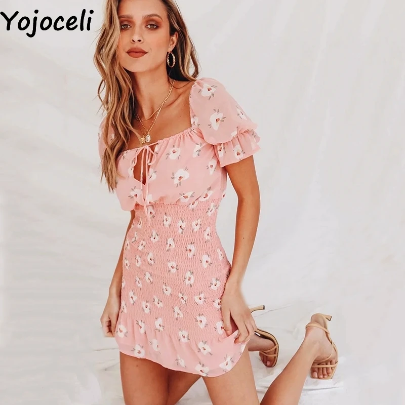 Женское Короткое платье Yojoceli облегающее пляжное с цветочным принтом и оборками