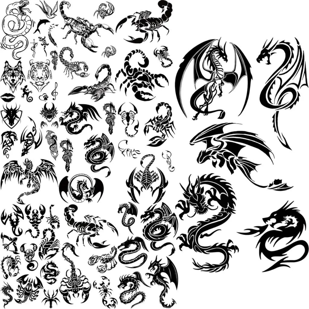 

Dragon Temporary Tattoos For Men Adults Realistic Scorpion Snake Wolf Fake Tattoo Sticker Arm Back Water Transfer Tatoos Black