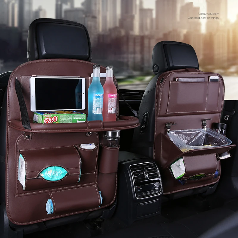 Baratos Organizador de asiento de coche de cuero de PU bolsa de almacenamiento para asiento trasero contenedor multifunción taza iPad soporte de teléfono Srorage soluciones
