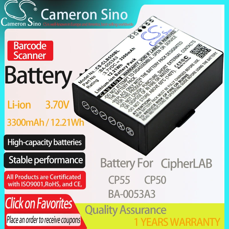 

Аккумулятор CameronSino для CipherLAB CP55 CP50, подходит для штрих-кода BA-0053A3 CipherLAB аккумулятор сканера, аккумулятор 3300 мА · ч/12,21 Вт · ч, 3,70 в, литий-ионный, черный