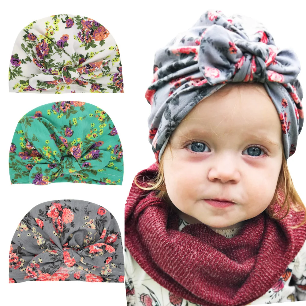 

2019 Latest Floral Cotton Baby Turban Hat Kids Headbands Soft Newborn Rabbit Ear Beanies Cap Hairband Toddler Hair Accessories