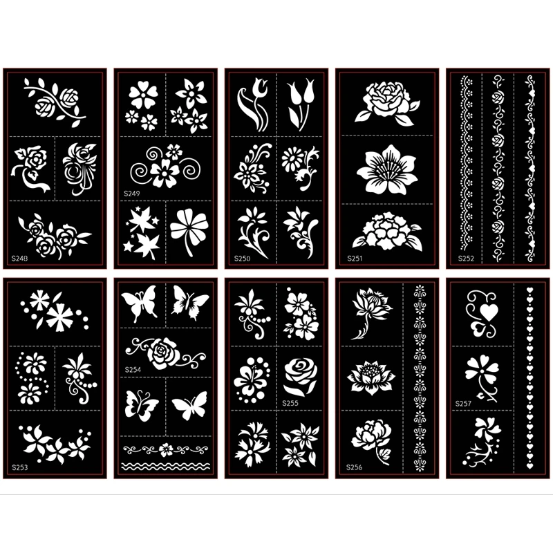Трафареты для татуировок хной набор(12 листов), самоклеющиеся бабочки/перо/цветочный узор для рисования тела временные шаблоны
