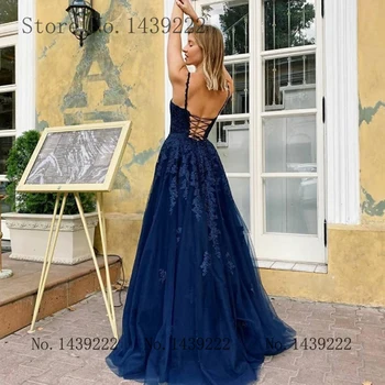 

Navy Sexy Backless Girl Prom Evening Dress Pleat Celebrity V Neck Appliques Formal Dresses Robe De Soiree Evening Party Gown