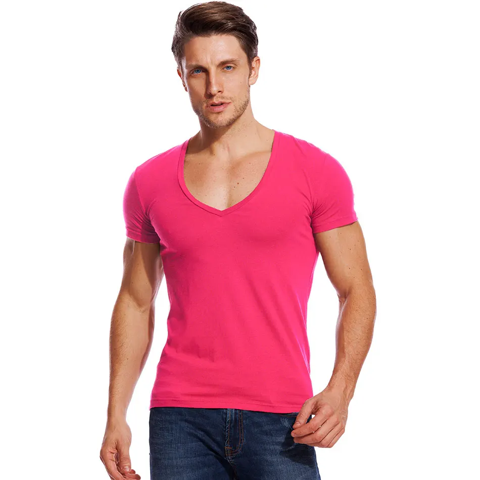 21 цвет, футболка с глубоким v-образным вырезом, Мужская модная компрессионная футболка с коротким рукавом, Мужская облегающая летняя футболка для фитнеса - Цвет: Красный