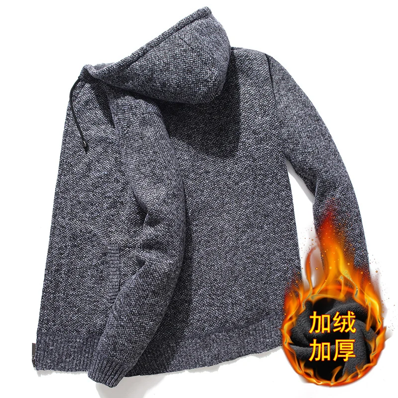 Plus Velvet Cardigan Men's Warm Fashion Solid Color Casual Knit Sweater Jacket Man Wild Loose Hooded Sweater Male Clothes Plus Velvet Cardigan Men's Warm Fashion Solid Color Casual Knit Sweater Jacket Man Wild Loose Hooded Sweater Male Clothes