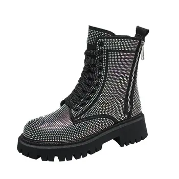 

New Full Crystal Snow Boots Winter Round Toe Thick-soled Short-tube Slip-On Flat Ankle Boots Black Silver Warm Fleece Shoes