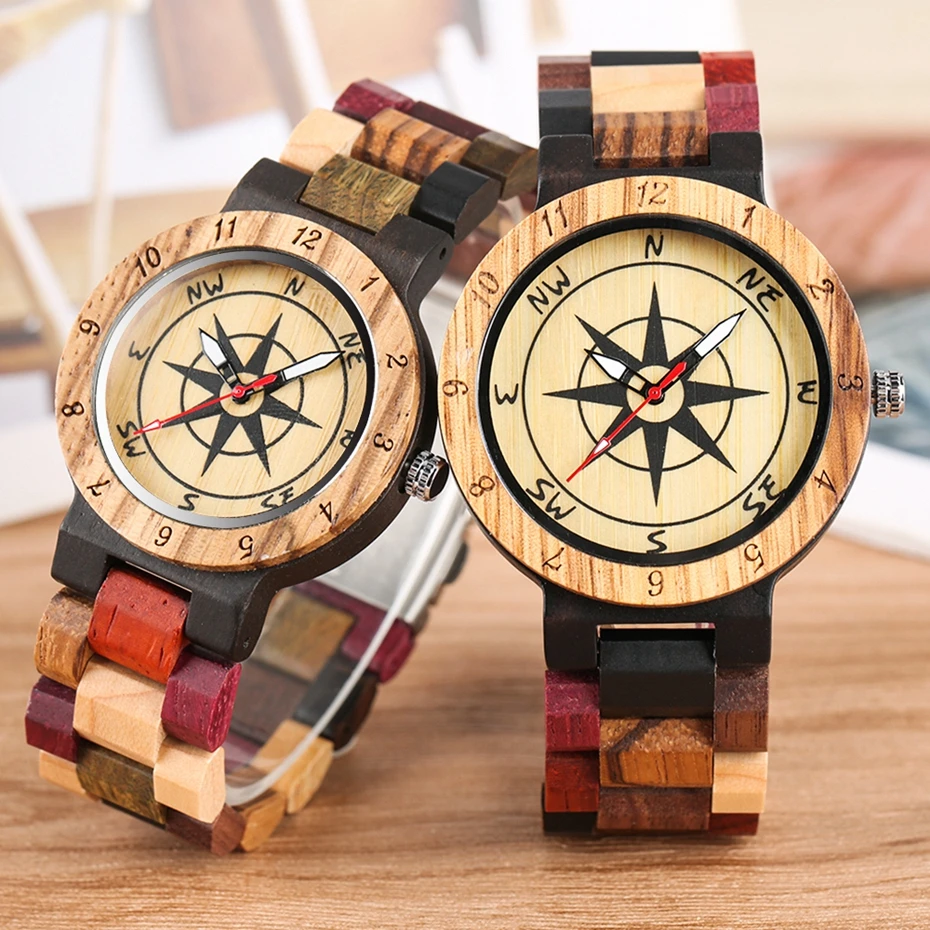 HIGH QUALITY  Royal Compass Dial Wood Watch for Couple Men Bamboo Watch Full Wooden Mixed Color Wrist Quartz Watc