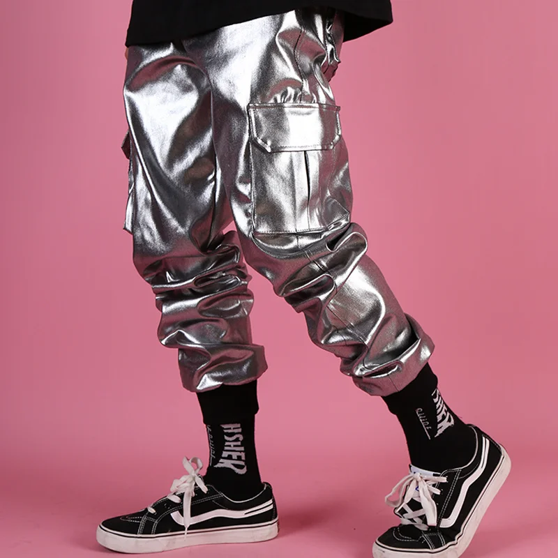 

Casual Leather Harem Pant Male Streetwear Hip Hop Punk Silver Multi Pocket Cargo Trouser Stage Clothes DJ Singer Pant Men