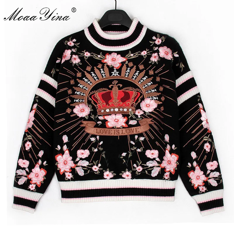MoaaYina модный дизайнерский вязаный пуловер свитер осенний женский длинный рукав цветочный узор, вышивка сохраняет тепло вязаный свитер - Цвет: Черный