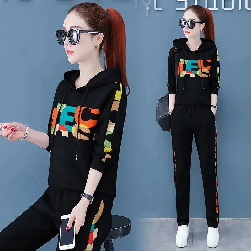 Streetwear Casual Print Tracksuit 2 Piece Set Women Spring Korean Loose