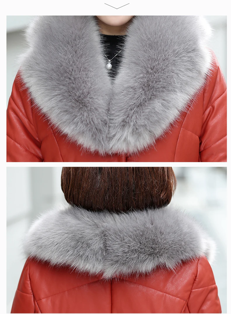 ASLTW XL-5XL размера плюс Длинная кожаная куртка женская новая зимняя куртка с меховым воротником из хлопка Женская однобортная куртка из искусственной кожи