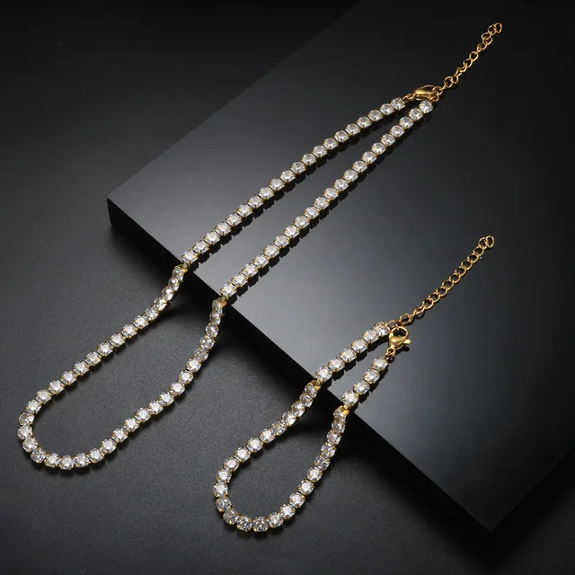 Fashion High Quality Stainless Steel Cubic Zirconia Collar Necklace Rhinestone Bracelet Woman Trendy Jewelry Set Gift Wholesale Gold Set