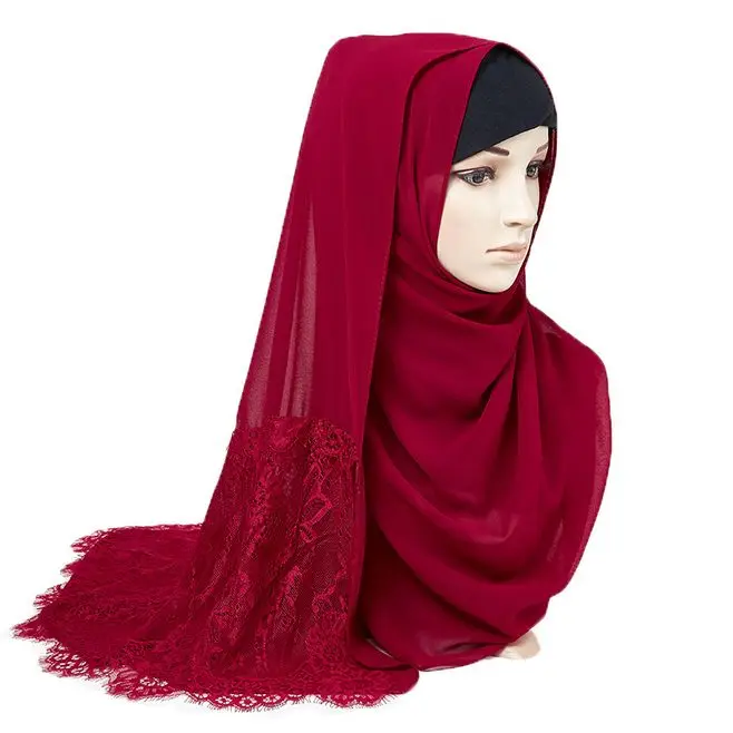 

High Quality Chiffon Scarf Head Wrap Elegant Lace Decor Muslim Hijab Turban Solid Color Islamic Female Long Shawl Head Scarf