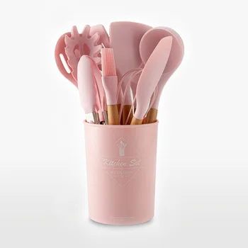 

New pink color Kitchen Tools solid wood handle with storage barrel silicone kitchenware set 11pcs/set