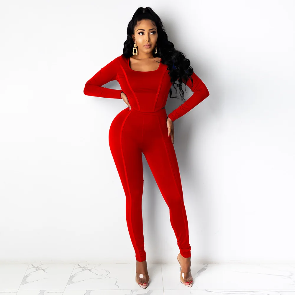 RMSFE 2021 Women New Sexy Solid Color Yoga Suit Pants Long Sleeve Square Neck Casual Fashion Two Piece Set |