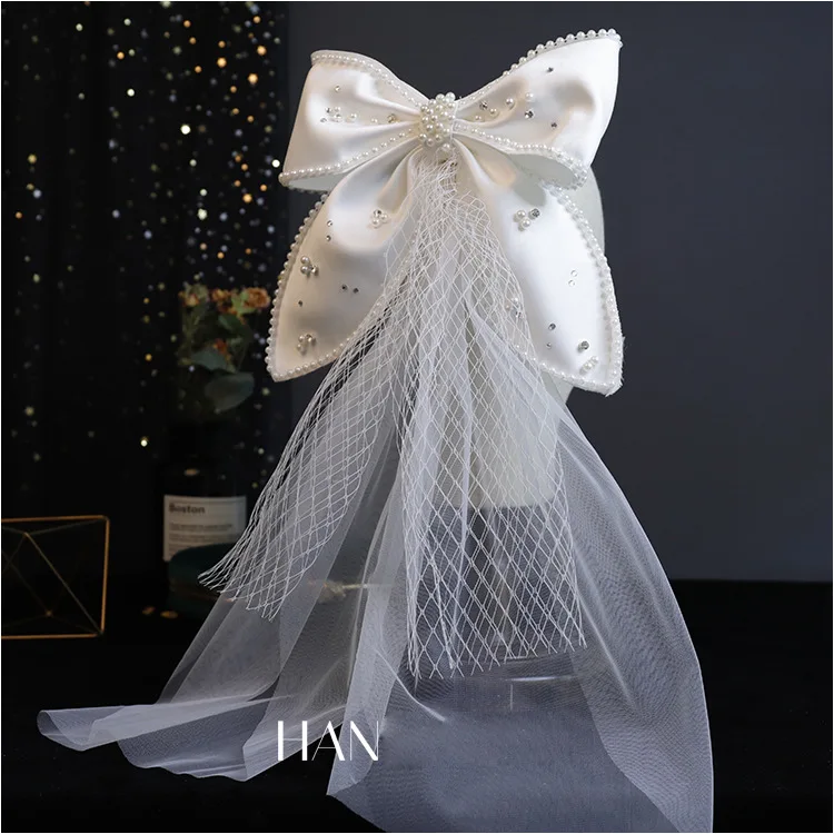 Bow veil Pearl hair clips Embellished Princess Satin Veil Bridal Headdress Romantic Wedding Hair Accessories