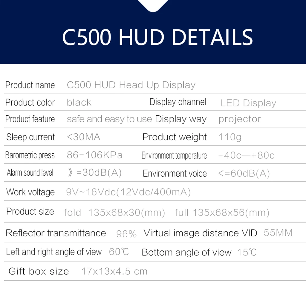 Car Head Up Display Multi-Color Speedometer Windshield Projector -40-80℃