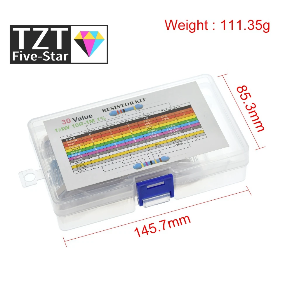 600PCS/LOT 1/4W Metal Film Resistor Kit 1% Assorted Set 10 -1M Ohm hm Resistance Pack 30 Values each 20 pcs | Электронные