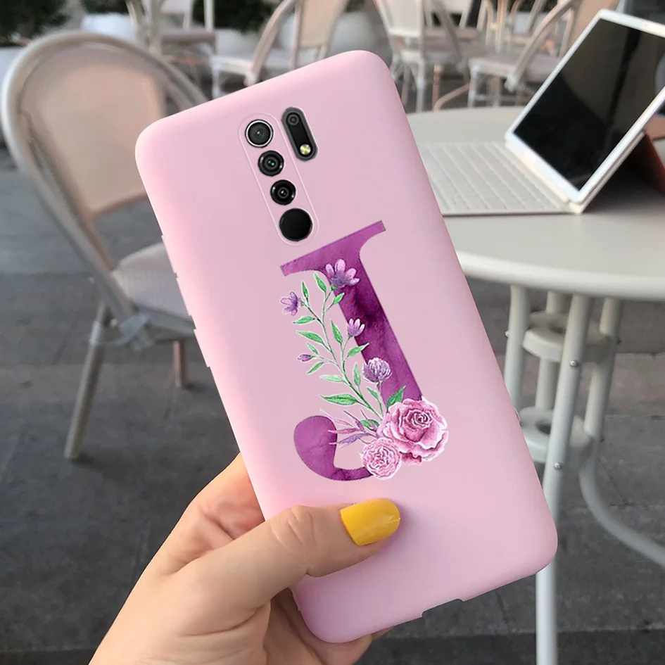 pouch phone For Cover Xiaomi Redmi 9 Case Alphabet Letters Flower Soft Silicone Fundas For Redmi 9 redmi9 Bumper Shockproof Phone Case 6.53" cell phone belt pouch