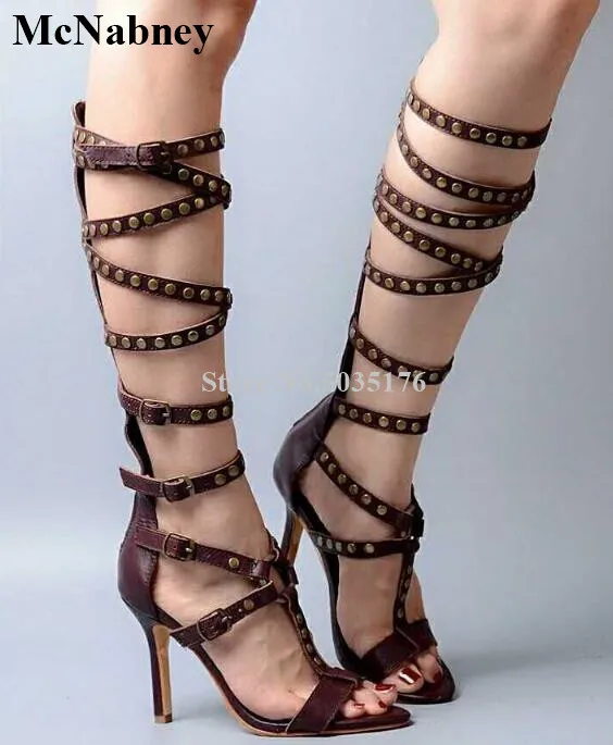 

McNabney Women Summer Long Boots T-tied Cross-tied Rivet Back Zipper Peep Toe Stiletto Heel Knee High Boots Sexy Women Shoes