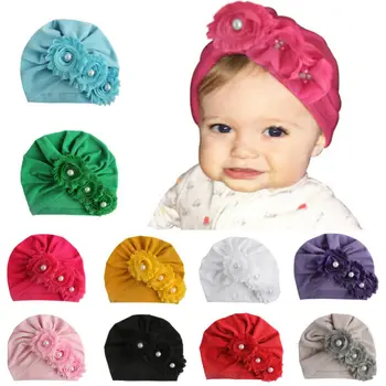 

Baby Girl Hats Headband Sretch Winter Cap Sweet Solid Cute Head Wrap Soft Pearl Flower Cotton Turban Knot Caps for Toddler Kids