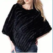 wholesale Women Knitted Real Rabbit Fur Shawl Fashion lady Rabbit Fur Poncho Autumn Winter Fur Pashmina Free Shipping - Цвет: Black