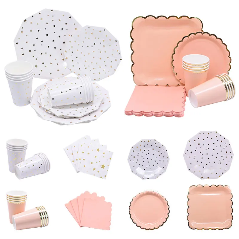 44Pcs/set Gold Star Orange Pink Cups Plates Napkins Disposable Party Tableware For Baby Shower Wedding Birthday Party Decoration