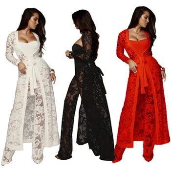 

SZMALL Newest 2020 Pop Long Coat+Bodysuit+Full Pants Women Set Solid Stylish 3PCS Female Sets Clothing