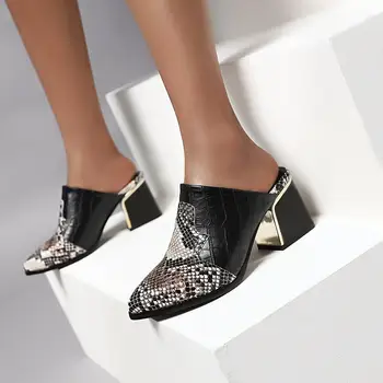 

Stylish Faux Python Thick Heels Mules Women Ladies Size 33-43 Pointy Toe Slip ons Shoes for Spring Summer Woman Mule New Zapatos
