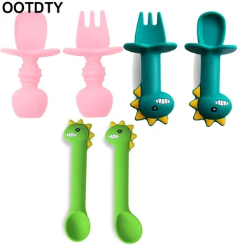 

2pcs/lot Baby Training Fork Spoon Set Silicone Baby Feeding Tableware Set Food Grade Newborn Accessories Teether