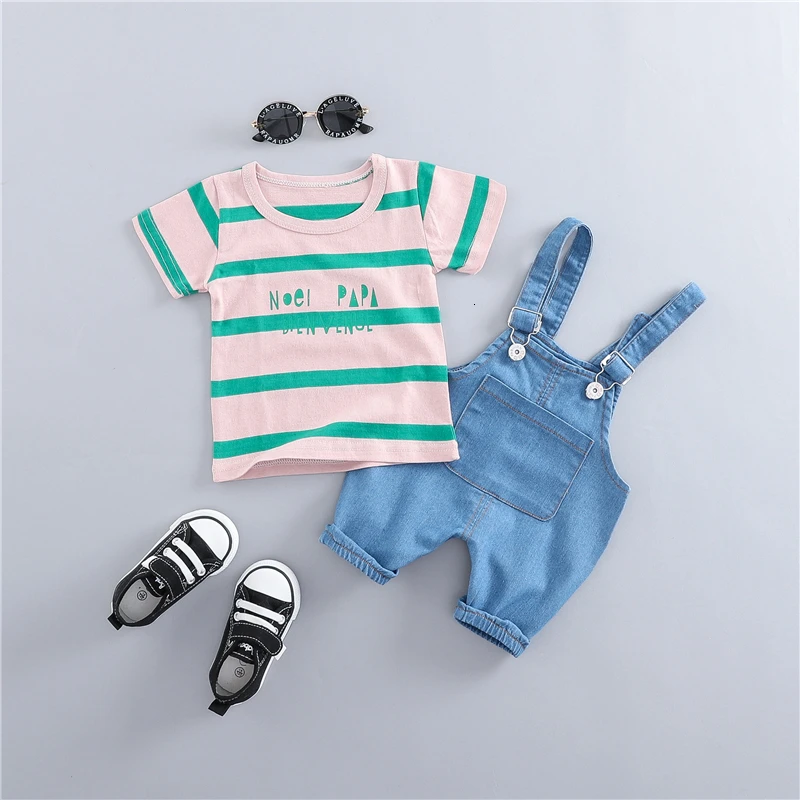 Летняя одежда для маленьких мальчиков и девочек ясельного возраста, Повседневное модные костюмы для младенцев футболка шорты на подтяжках 2 шт./компл. Костюм для детей, для малышей