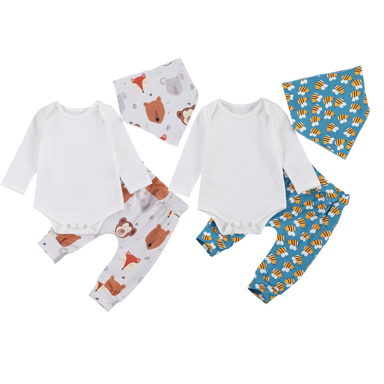 

2020 New Fall Autumn 0-24M Toddler Baby Boy Girl 3Pcs Set Cartoon Animals/Bee Print Trousers+Long Sleeve Bodysuit+Button Bib