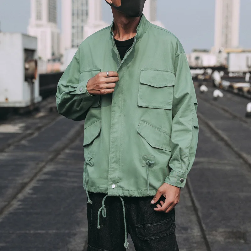 

Large Size Jk042/P65 Autumn Clothing Loose-Fit Korean-style Trend Drawstring Coat Large Size Jacket Men's Multi-pockets Work