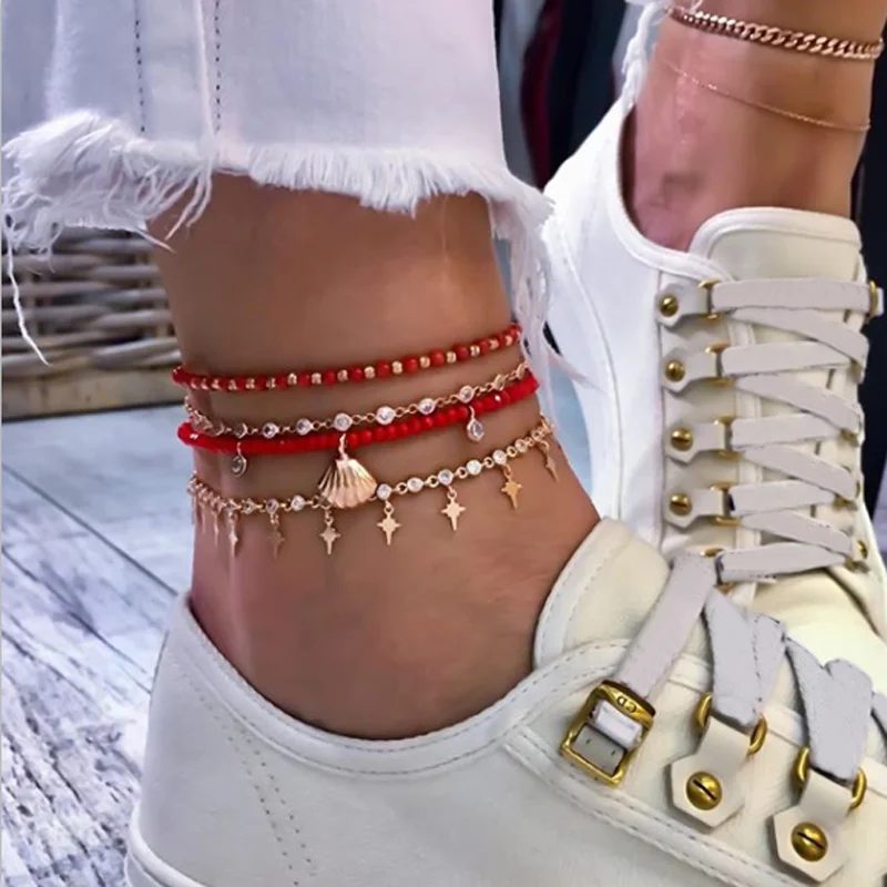 

Tocona 4pcs/set boho Gold Shell Star Pendan Crystal Anklet Set for Women Red Beaded Multilayer Foot Chain Statement Jewelry 8528