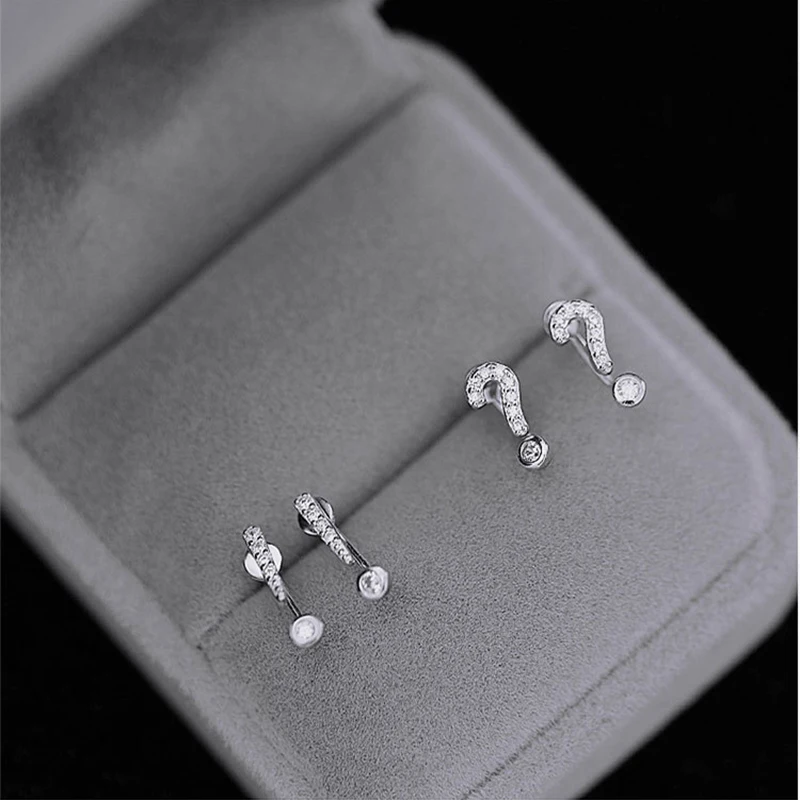 

S925 Sterling Silver Symbol Question Mark Post Hanging Jewelry Lady CZ Fashion Wild Exclamation Point Earrings