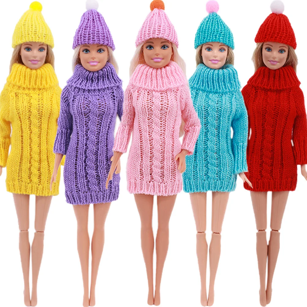 2Pcs Doll Clothes Accessories=1Sweater+1Random Color Hat Knitted Pure Cotton Sweater Dress for Barbies Doll 11.5 Inch Girl`s Toy